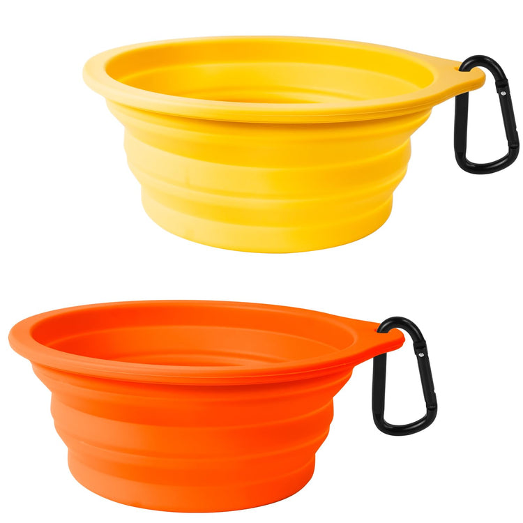 PetBonus 2-Pack Silicone Collapsible Dog Bowls, BPA Free Dishwasher Safe, Portable Foldable Expandable Travel Bowl, Food Water Feeding Cup Dish for Dogs Cats with 2 Carabiners (Turquoise, Tan)