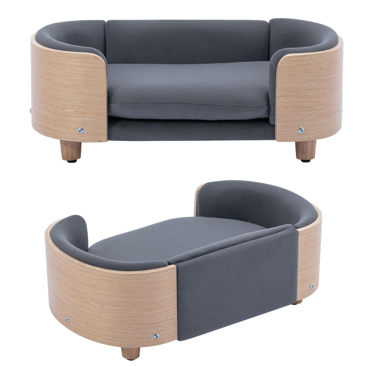 Elevated Dog Bed Pet Sofa with Solid Wood Legs and Bent Soft Backrest, Pet Cat Stool Bed with Velvet Cushion,for Small and Medium Size Dogs Kitten, Dark Gray, Small Size