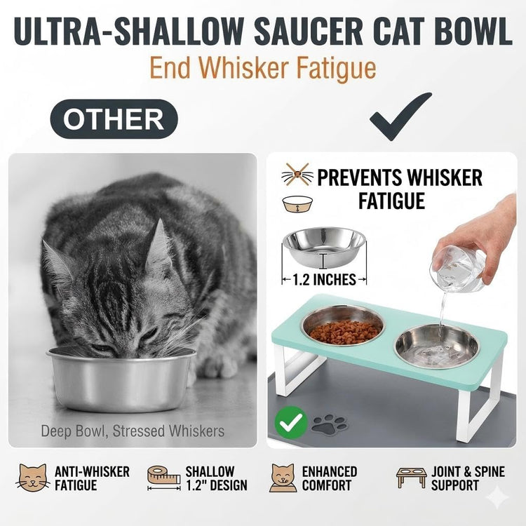 Upgraded Elevated Cat Bowls with Food Mat,15°Tilted Stand Anti Vomiting Raised Cat Dishes for Food and Water,2 Stainless Steel Bowls for Cats and Puppy