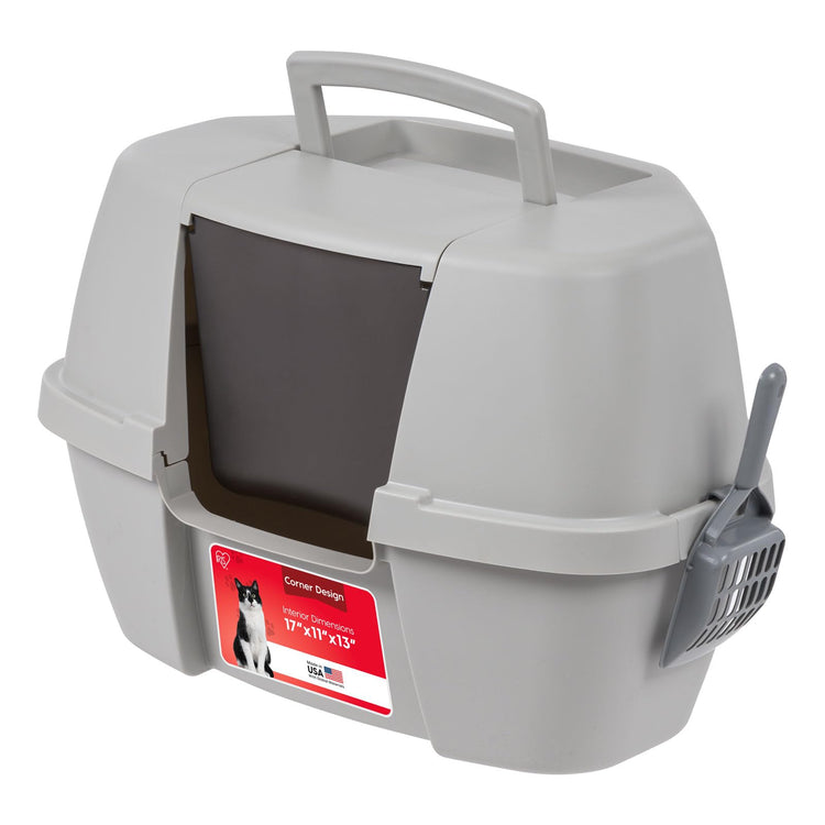 IRIS USA Cat Litter Box Large with Front Door Flap, Covered Enclosed Litter Box Enclosure with Scoop, Handle & Buckles for Portability & Privacy, Hidden Litter Pan, Navy