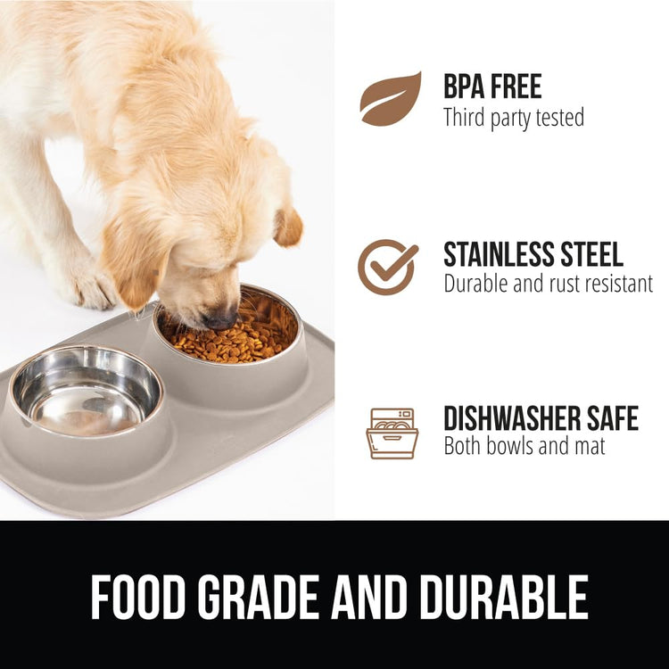 GORILLA GRIP Feeding Mat Set, Patent Pending 100% Waterproof BPA Free Silicone, Stainless Steel Cat and Dog Bowls, Slip Resistant, 1 Black mat/tray with 2 stainless steel bowls