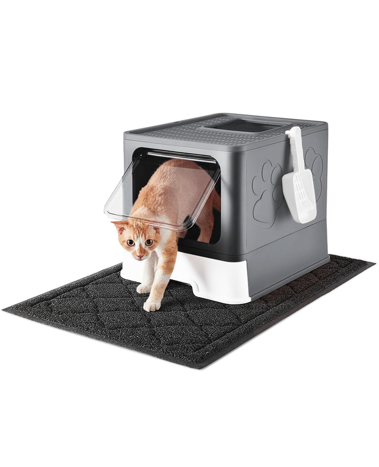 Medario Cat Litter Box with Litter Mat and Scoop, Large Covered Litter Box with Lid, Enclosed Kitty Box, Front Entry Top Exit, Odor Control, Easy to Clean (Grey)