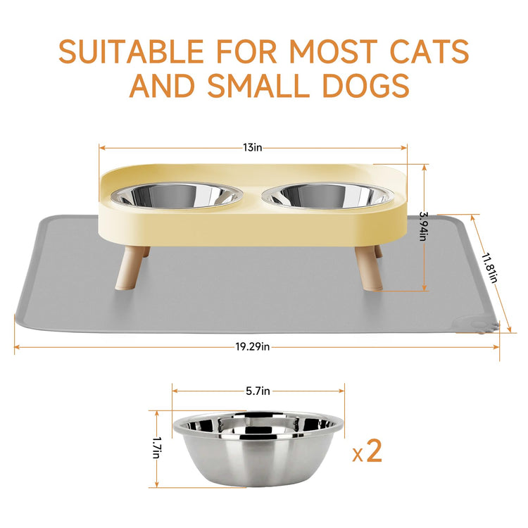 Elevated Cat Bowl, Raised Cat Food and Water Bowl Set for Indoor Cats, Splash Proof with 2 Stainless Steel Pet Food Bowls for Cats and Puppies, Whisker Fatigue and Dishwasher Safe - White