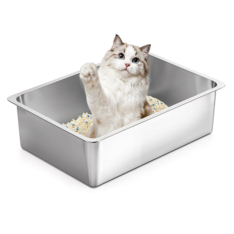 Kirecoo Stainless Steel Cat Litter Box - Metal High Sided Cat Pan, Large Stainless Steel Box, Indoor Litter Tray, Non Stick, No Smell, Easy to Clean, Pet Toilet Supplies for Kitten, Kitty, Rabbit
