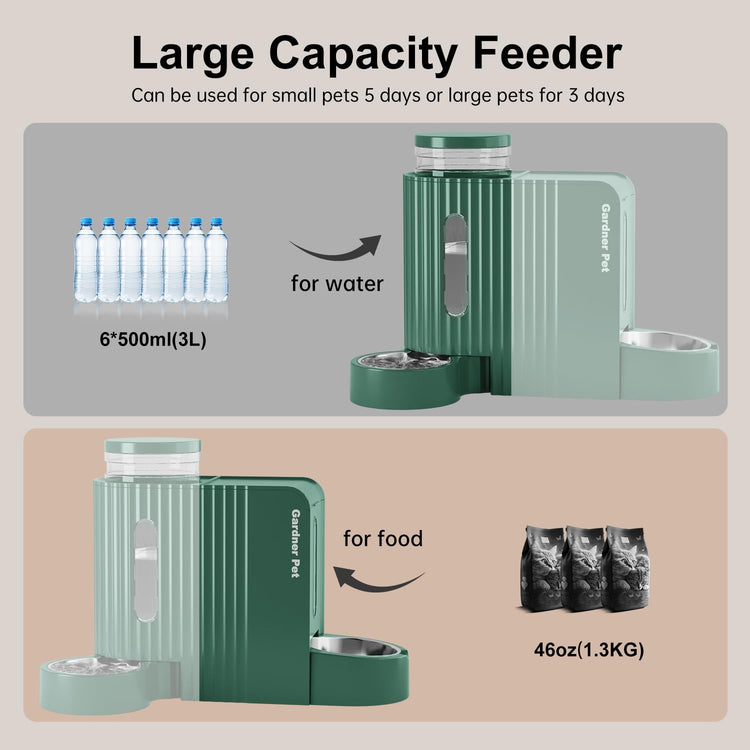 Gardner Pet Automatic Gravity Cat Food Feeder and Water Dispenser Stainless Steel Two-in-One Set Large Capacity Dispenser for Pets Dogs, Puppies, Kittens-(0.8 Gallons x 2)