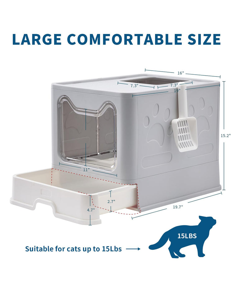 Medario Cat Litter Box with Litter Mat and Scoop, Large Covered Litter Box with Lid, Enclosed Kitty Box, Front Entry Top Exit, Odor Control, Easy to Clean (Grey)