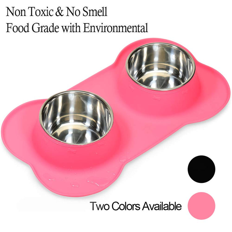 AsFrost Dog Food Bowls Stainless Steel Pet Bowls & Dog Water Bowls with No-Spill and Non-Skid, Feeder Bowls with Dog Bowl Mat for Dogs Cats and Pets-Pink, 24 0z in Total