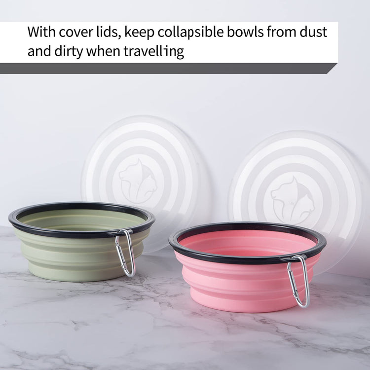 SLSON Collapsible Bowl with Cover Lids,2 Pack Dog Travel Bowls Portable Foldable Cat Water Dish Bowl for Pets Walking Parking Camping (Light Blue and Green, Small)