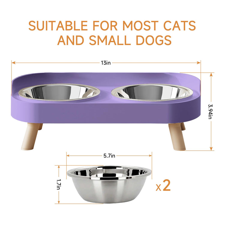 Elevated Cat Bowl, Raised Cat Food and Water Bowl Set for Indoor Cats, Splash Proof with 2 Stainless Steel Pet Food Bowls for Cats and Puppies, Whisker Fatigue and Dishwasher Safe - White