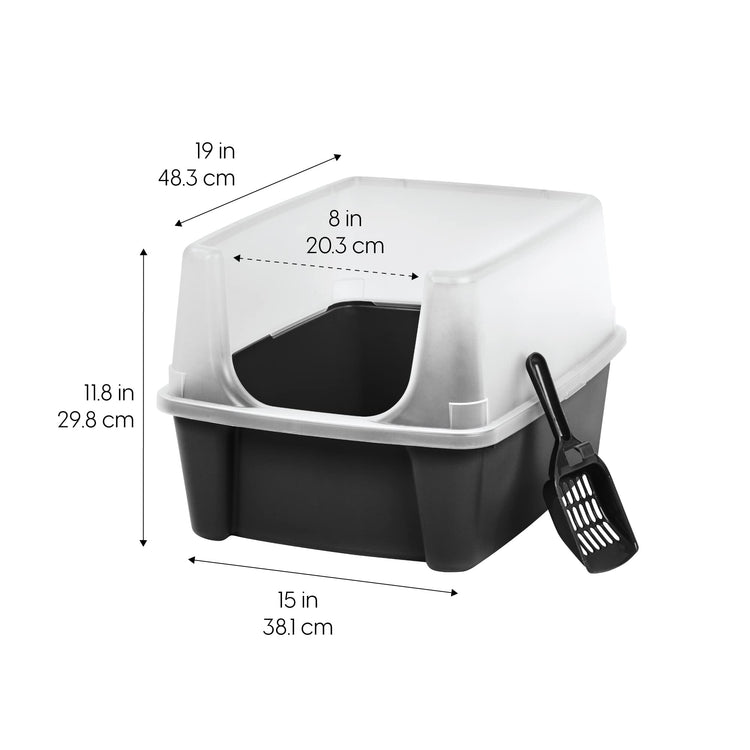 IRIS USA Cat Litter Box Large Open Top with High Sided Walls Tall Scatter Shield Scoop Included Easy Clean Plastic Pan Stain Resistant for Big Cats Kittens Indoor Multi-Cat Households
