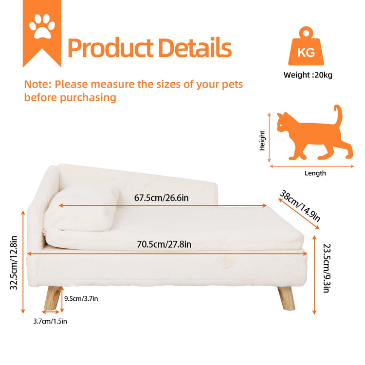 Elevated Cat Couch Sofa: Wooden Cat Bed Dog Chair with Bolster Cushion for Small Dogs Cute Pet Chaise Soft Cushion Fluffy Washable for Puppy