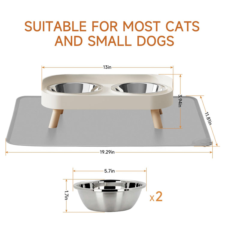 Elevated Cat Bowl, Raised Cat Food and Water Bowl Set for Indoor Cats, Splash Proof with 2 Stainless Steel Pet Food Bowls for Cats and Puppies, Whisker Fatigue and Dishwasher Safe - White