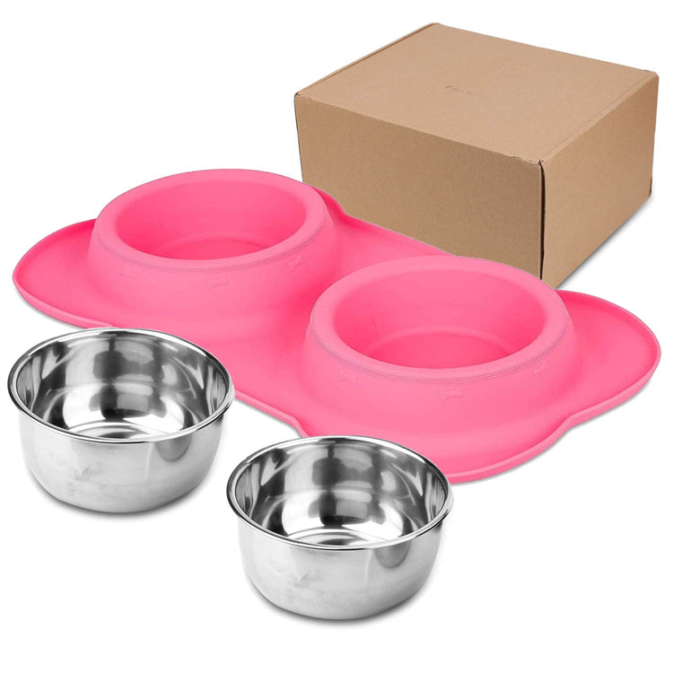 AsFrost Dog Food Bowls Stainless Steel Pet Bowls & Dog Water Bowls with No-Spill and Non-Skid, Feeder Bowls with Dog Bowl Mat for Dogs Cats and Pets-Pink, 24 0z in Total