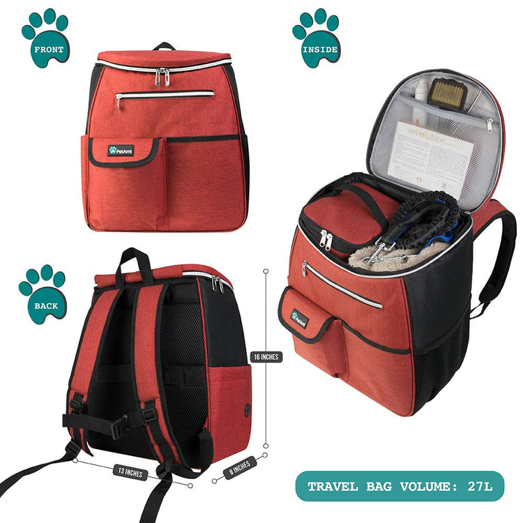 PetAmi Dog Travel Bag Backpack, Airline Approved Dog Bags for Traveling, Puppy Diaper Bag Supplies, Pet Camping Essentials Hiking Accessories Dog Mom Gift, Food Container, Collapsible Bowls, Gray