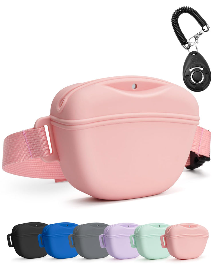 heouvo Dog Treat Pouch with Training Clicker, Upgrade Stronger Magnetic Closure to Avoid Spilling, 1.67 Cup Silicone Treat Bag Fanny Pack with Waist Belt for Pet Training Walking (Black)