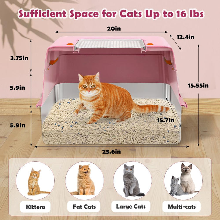 Vivifying Stainless Steel Litter Box, XL Side Entry Extra Large Litter Box with Lid for Big Cats & Kitty, Removable Enclosed Metal Cat Pan with High Sided Enclosure, Scoop (Black)