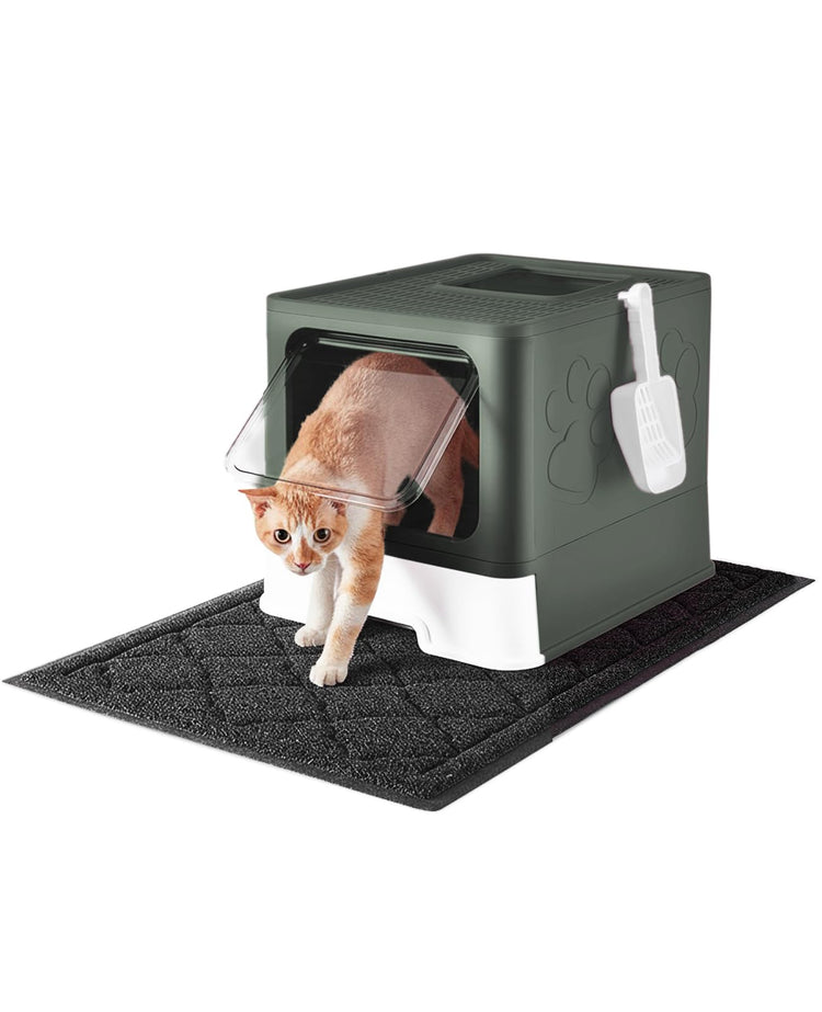 Medario Cat Litter Box with Litter Mat and Scoop, Large Covered Litter Box with Lid, Enclosed Kitty Box, Front Entry Top Exit, Odor Control, Easy to Clean (Grey)