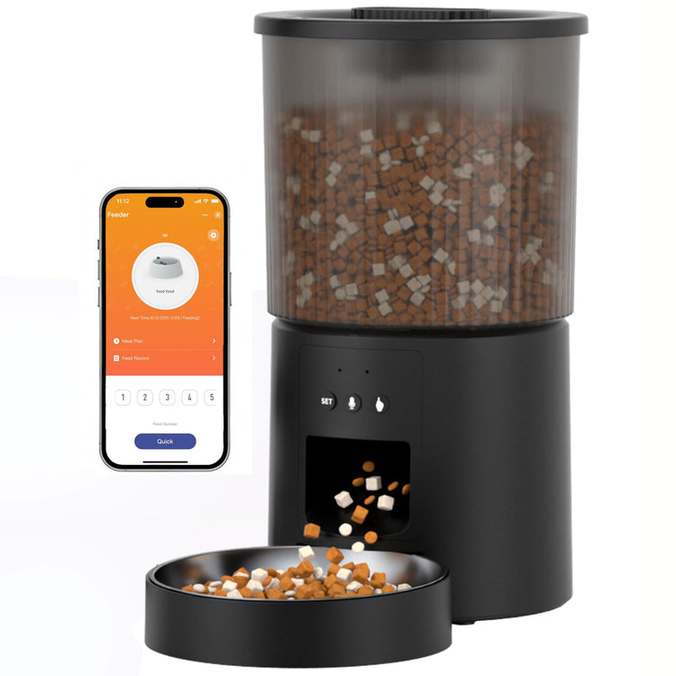 Automatic Cat Feeder, 2.4GHz WiFi Automatic Dog Food Dispenser, Fresh Protection, 4.5L Timer Feeder, Personalized Recording 10 Seconds, Easy to Clean, Stainless Steel Bowl (Double/Black)