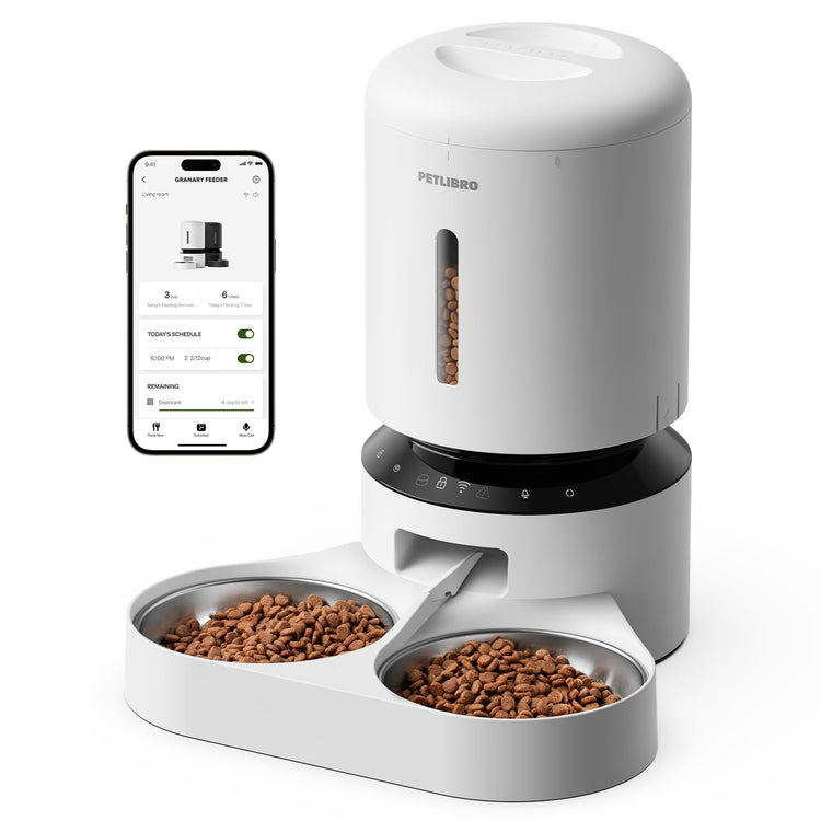 PETLIBRO Automatic Cat Feeder, Automatic Dog Food Dispenser with Freshness Preservation, 5L Timed Pet Feeders for Dry Food, Up to 6 Meals Per Day, Granary 5L Basic Button Type White