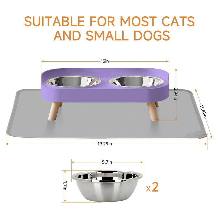 Elevated Cat Bowl, Raised Cat Food and Water Bowl Set for Indoor Cats, Splash Proof with 2 Stainless Steel Pet Food Bowls for Cats and Puppies, Whisker Fatigue and Dishwasher Safe - White