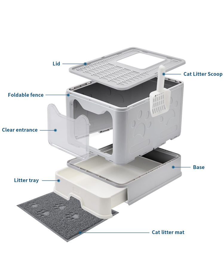 Medario Cat Litter Box with Litter Mat and Scoop, Large Covered Litter Box with Lid, Enclosed Kitty Box, Front Entry Top Exit, Odor Control, Easy to Clean (Grey)