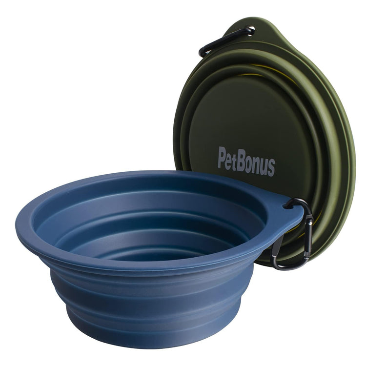 PetBonus 2-Pack Silicone Collapsible Dog Bowls, BPA Free Dishwasher Safe, Portable Foldable Expandable Travel Bowl, Food Water Feeding Cup Dish for Dogs Cats with 2 Carabiners (Turquoise, Tan)
