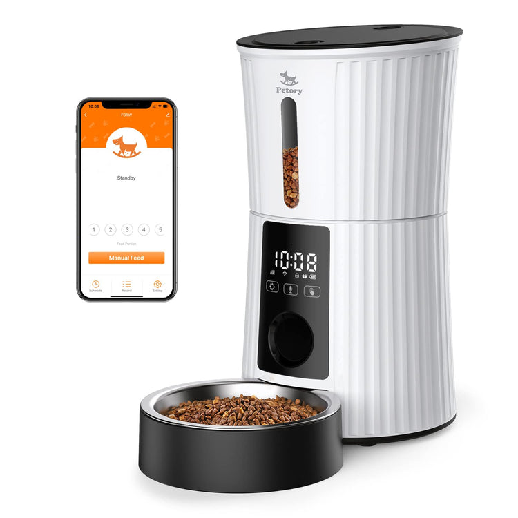 Petory Timed Automatic Cat Feeders - 4L Programable Dry Food Dispenser for Cats and Small Medium Dogs 6 Meals with Desiccant Bag Dual Power Supply 10S Voice Recorder