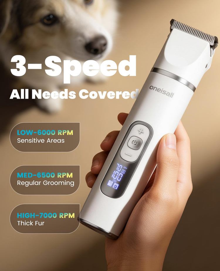 oneisall 4 in 1 Dog Grooming Kit with LCD Display, Dog Hair Trimmer for Paw Nail Grinder, Rechargeable Cordless Low Noise IPX7 Waterproof Pet Clippers