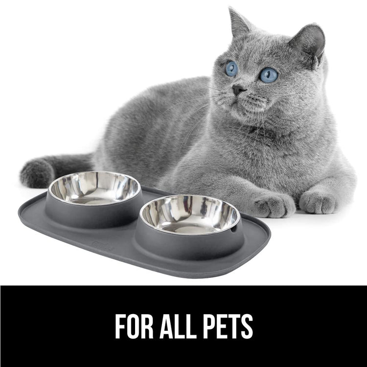 GORILLA GRIP Feeding Mat Set, Patent Pending 100% Waterproof BPA Free Silicone, Stainless Steel Cat and Dog Bowls, Slip Resistant, 1 Black mat/tray with 2 stainless steel bowls