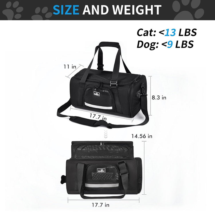 Wakytu Airline Approved Pet Carrier, TSA Approved Soft Sided Travel Bag for Small Dogs and Cats, 5 Mesh Windows & Padded Shoulder Strap for Plane Underseat, 17.7"x11"x8.3"