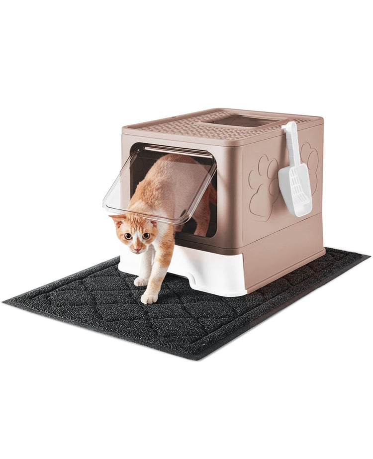 Medario Cat Litter Box with Litter Mat and Scoop, Large Covered Litter Box with Lid, Enclosed Kitty Box, Front Entry Top Exit, Odor Control, Easy to Clean (Grey)