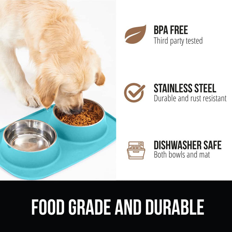 GORILLA GRIP Feeding Mat Set, Patent Pending 100% Waterproof BPA Free Silicone, Stainless Steel Cat and Dog Bowls, Slip Resistant, 1 Black mat/tray with 2 stainless steel bowls