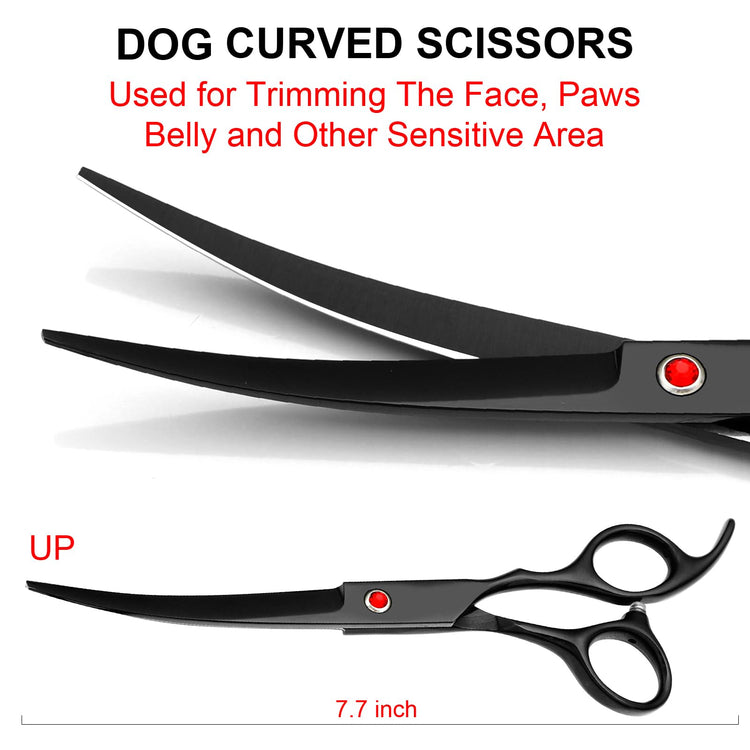 TINMARDA Dog Grooming Kit, Professional Stainless Steel Dog Grooming Scissors with Curved Shears, Pink Finger Rings - 5 Piece Sharp Durable Pet Shears for Dogs Cats At Home Salon-Quality Grooming