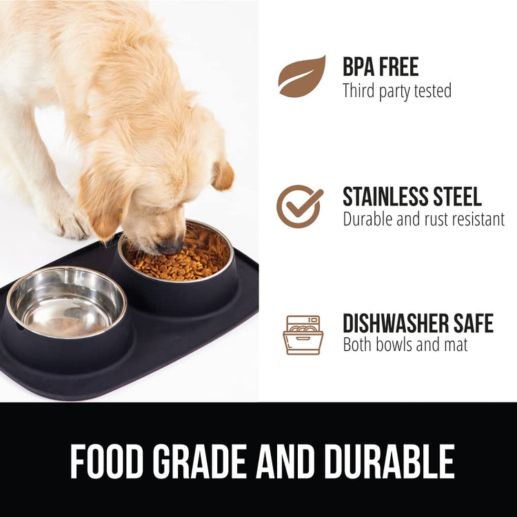 GORILLA GRIP Feeding Mat Set, Patent Pending 100% Waterproof BPA Free Silicone, Stainless Steel Cat and Dog Bowls, Slip Resistant, 1 Black mat/tray with 2 stainless steel bowls