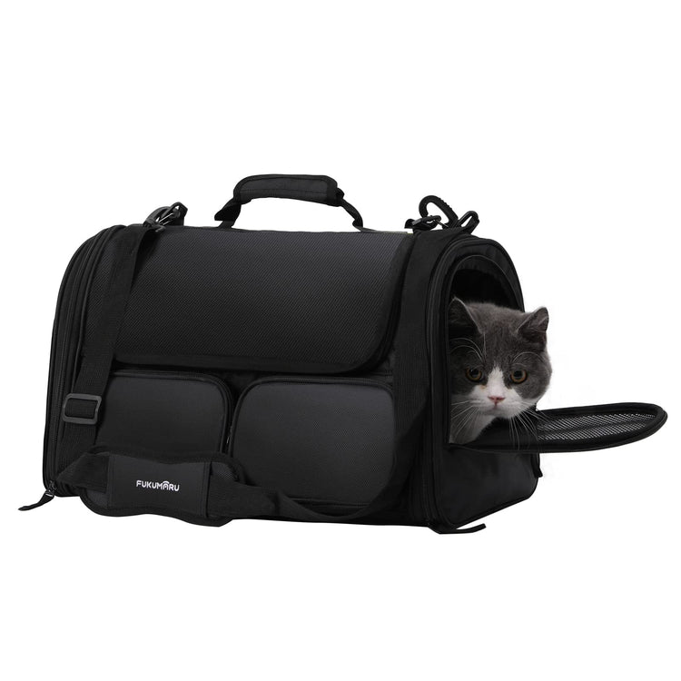 FUKUMARU Cat Carrier, Soft-Sided Small Dog Carrier, Large Cat Travel Bag with 4 Mesh Windows, Under 15 lb Airline Approved Pet Carrier with 4 Storage Pockets, Rollable Cover for Nervous Cats, Grey