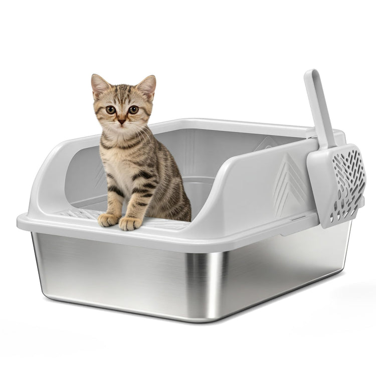 2 Pack XL Stainless Steel Litter Box, Metal Cat Litter Boxes with Lid, High Sided Enclosed Litter Boxes for Big Cat and Multiple Cats, Anti-Urine Leakage | Non-Stick Bottom & Includes Scoop