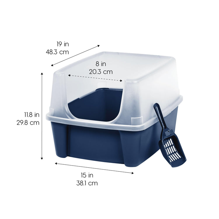 IRIS USA Cat Litter Box Large Open Top with High Sided Walls Tall Scatter Shield Scoop Included Easy Clean Plastic Pan Stain Resistant for Big Cats Kittens Indoor Multi-Cat Households