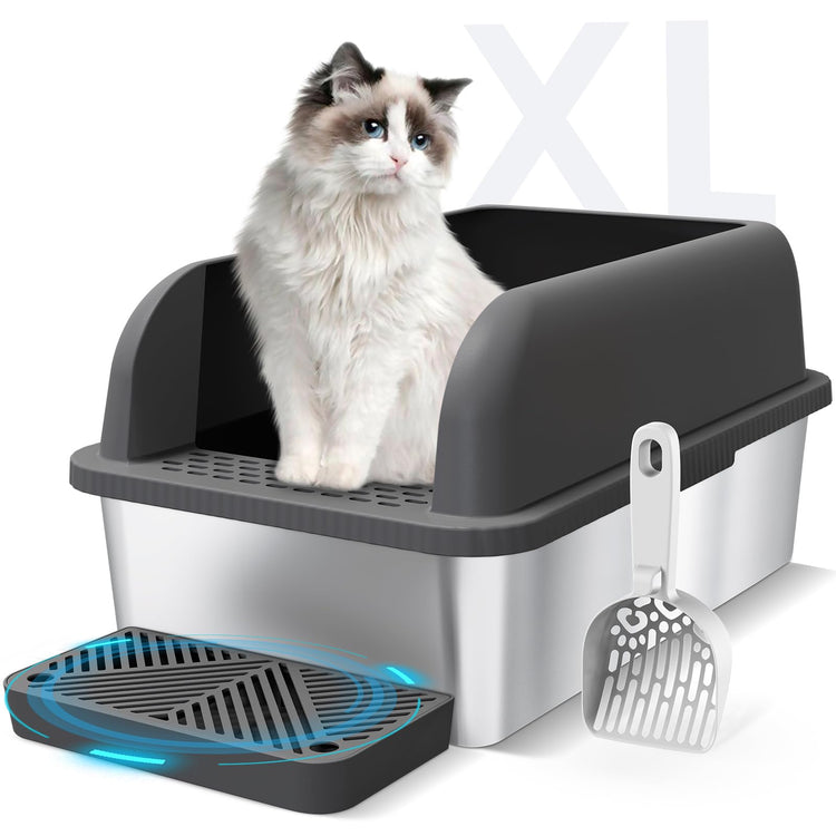 Extra Large Stainless Steel Litter Box with Lid, High Sides Enclosed Cat Litter Box for Big Cats & High Peeing, Anti-Leak & Odor Control Metal Litter Pan, Easy Clean Non-Stick Kitty Litter Box