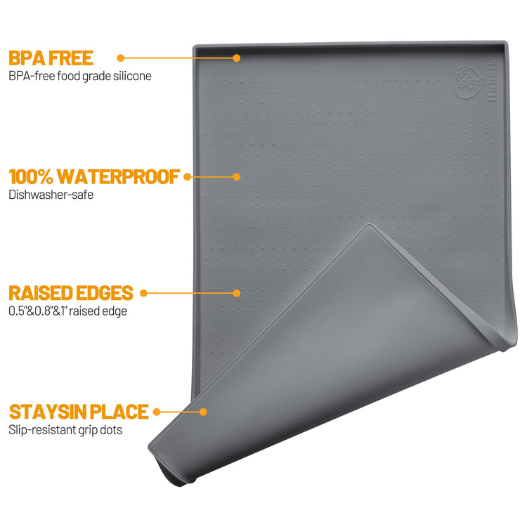 Hubulk Dog Feeding Mat,100% Waterproof Food Grade Silicone Pet Food and Water Bowl Placemat,Dishwasher, High Raised Edge to Prevent Spills,Nonslip Tray to Stop Messes on Floor (19"x12"x0.5", Grey)