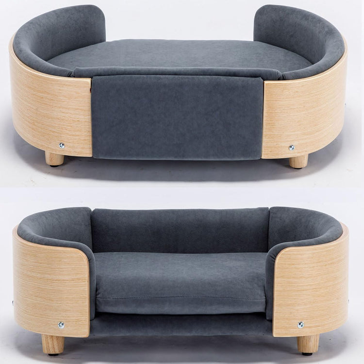 Elevated Dog Bed Pet Sofa with Solid Wood Legs and Bent Soft Backrest, Pet Cat Stool Bed with Velvet Cushion,for Small and Medium Size Dogs Kitten, Dark Gray, Small Size