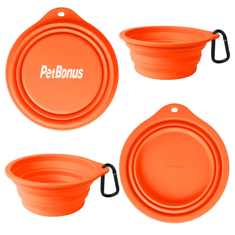 PetBonus 2-Pack Silicone Collapsible Dog Bowls, BPA Free Dishwasher Safe, Portable Foldable Expandable Travel Bowl, Food Water Feeding Cup Dish for Dogs Cats with 2 Carabiners (Turquoise, Tan)