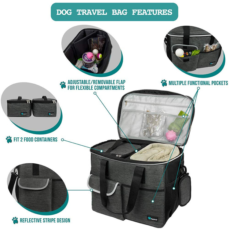 PetAmi Dog Travel Bag Organizer, Pet Travel Kit with 2 Food Containers & 2 Collapsible Dog Bowls, Pet Supplies Tote with Luggage Sleeve, Weekend Road Trip Camping Essentials, Dark Gray, Medium