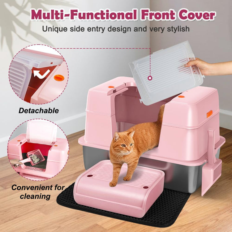 Vivifying Stainless Steel Litter Box, XL Side Entry Extra Large Litter Box with Lid for Big Cats & Kitty, Removable Enclosed Metal Cat Pan with High Sided Enclosure, Scoop (Black)