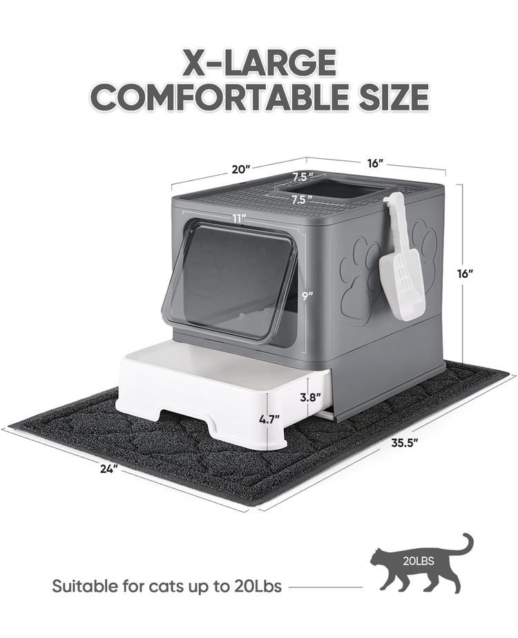 Medario Cat Litter Box with Litter Mat and Scoop, Large Covered Litter Box with Lid, Enclosed Kitty Box, Front Entry Top Exit, Odor Control, Easy to Clean (Grey)
