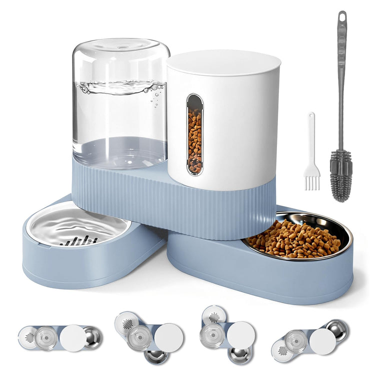 Automatic Gravity Cat Dog Feeder and Water Dispenser with 304 Stainless Steel Bowls 2 in 1 360 Degree Rotatable Auto 2.4L Dry Food and 2.6L Water Bowl for Small Medium Pet Dog Puppy Kitten (Gray)