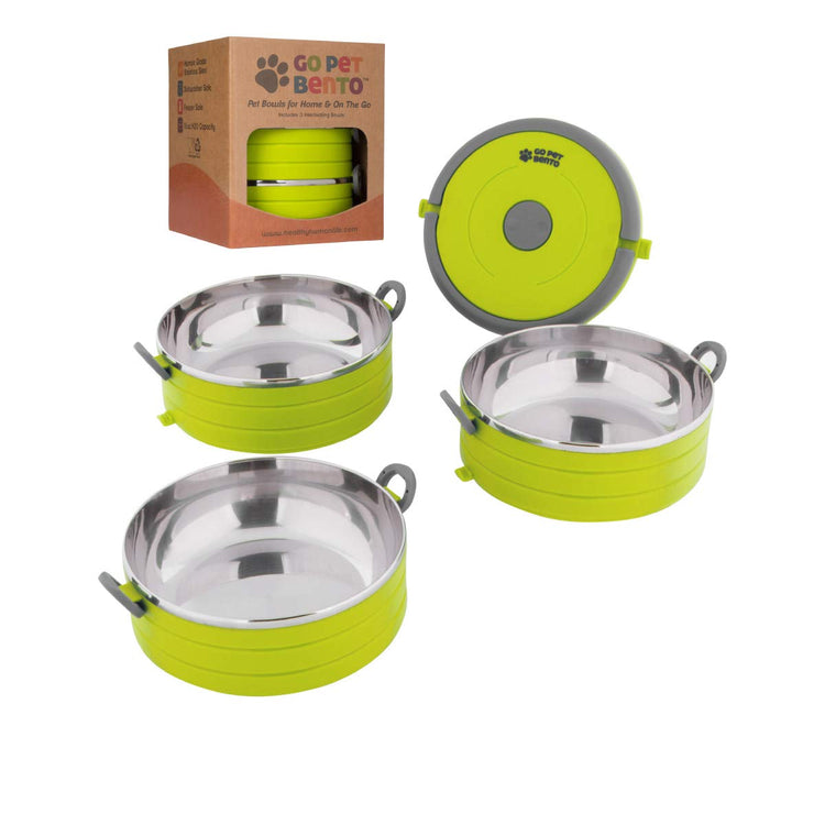 Healthy Human Travel Pet Bento Bowls - Human-Grade Stainless Steel & BPA-Free, Leak-Proof Water & Food Container Set for Dogs & Cats, 4-Pack Interlocking Bowls, Includes Spare Clips & Handle (Pink)