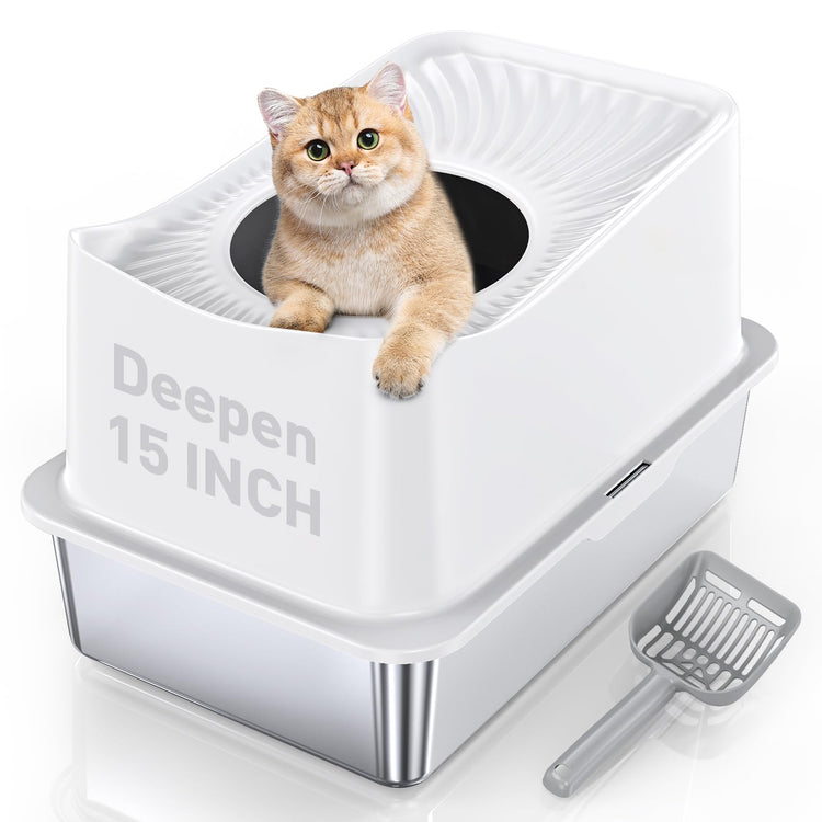 WoofiGo Enclosed Stainless Steel Cat Litter Box with Lid, XL Extra Large Litter Box for Big Cats, Metal Litter Pan High Sided, Never Absorbs Odors, Anti-Urine Leakage, Easy Cleaning, Include Scoop