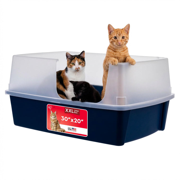 IRIS USA Cat Litter Box XX-Large Open Top with High Sided Walls Tall Scatter Shield Scoop Included Easy Clean Plastic Pan for Big Cats Kittens Multi-Cat Households 30"L x 20"W x 14"H Navy