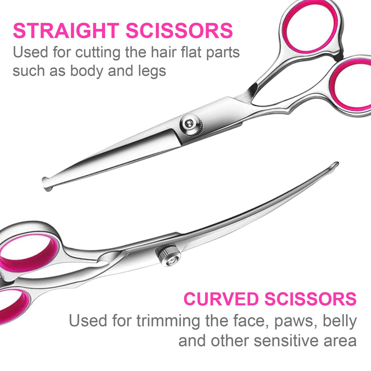 TINMARDA Dog Grooming Kit, Professional Stainless Steel Dog Grooming Scissors with Curved Shears, Pink Finger Rings - 5 Piece Sharp Durable Pet Shears for Dogs Cats At Home Salon-Quality Grooming