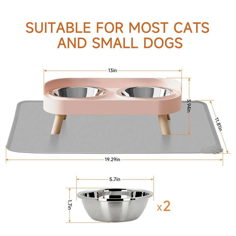 Elevated Cat Bowl, Raised Cat Food and Water Bowl Set for Indoor Cats, Splash Proof with 2 Stainless Steel Pet Food Bowls for Cats and Puppies, Whisker Fatigue and Dishwasher Safe - White